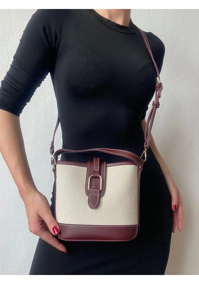 Glemix Alin Keten Bordo Kontrast Kova Model Kadın Omuz Çantası Keten Bordo