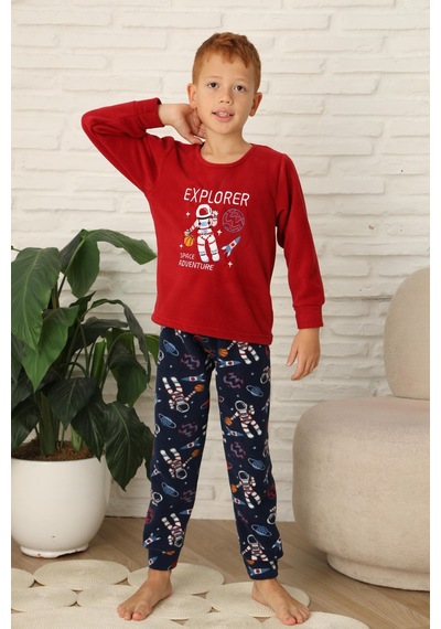 Yeni Stil Sonbahar/kış Erkek Çocuk Uzay Figür Astronot Desen Polar Pijama Takımı 4565 Kırmızı