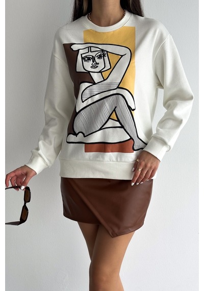 Femelle Nakış İşlemeli - İçi Pamuklu Sweatshirt Ekru