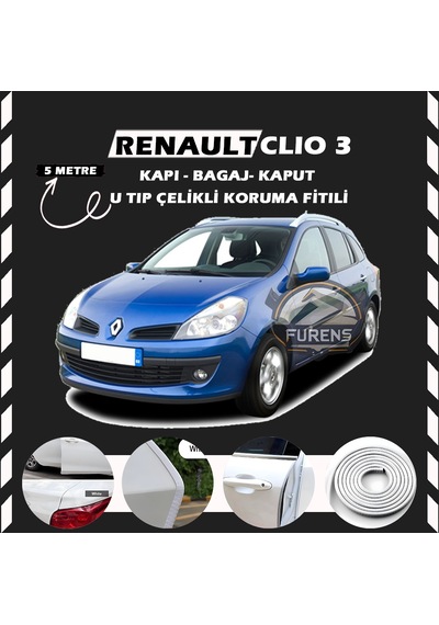 Renault Clio 3 Oto Araç Kapı Koruma Fitili 5 Metre Parlak Beyaz Renk