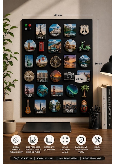 Yiğit Metal Mıknatıslı Pano Siyah Ofis/çalışma Odası İçin Mıknatıs Hediyeli Metal Magnet Hatıra Panosu 50x70cm 40 x 60 CM