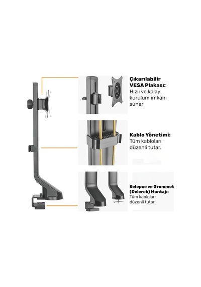 Std2101b 17"-32" Ergonomik Yükseklik Ayarlı Tek Monitör Standı, 8kg Taşıma Kapasitesi, Vesa, 36 Altın