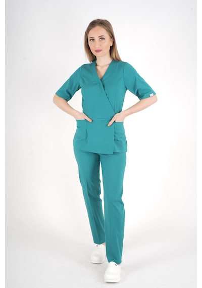 Ameliyat Yeşili Elegant Model Cerrahi Üniforma Belden Bağlamalı Scrubs Takım Ameliyat Yeşili
