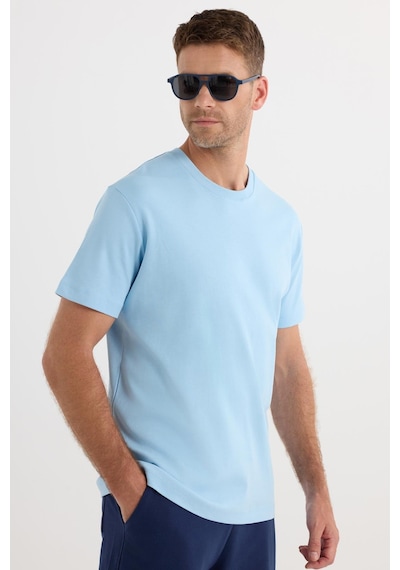 Tudors Unisex Relax Fit Rahat Kesim %100 Pamuk Yumuşak Dokulu Hafif Kalın Mavi Bisiklet Yaka Tişört-34938 Mavi