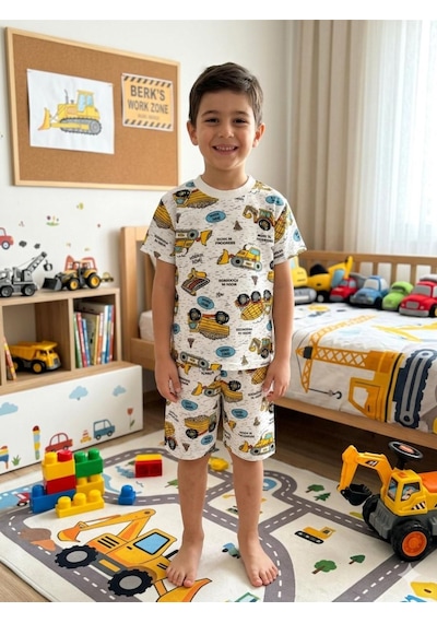 Aliş Kids Erkek Çocuk Pamuklu Beyaz Araba İş Makinesi Desenli Kısa Kollu Şortlu Yazlık Pijama Takımı Aliş Kids Erkek Çocuk Pamuklu Beyaz Araba İş Makinesi Desenli Kısa Kollu Şortlu Yazlık Pijama Takımı