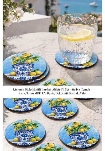 Limonlu Biblo Motifli Bardak Altlığı 6 Lı Set Sicilya 9 Cm Mdf Çok Renkli