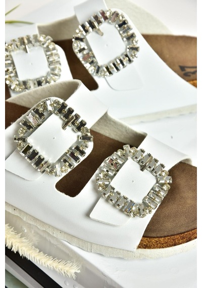 Fox Shoes Beyaz Çift Tokalı Taşlı Kadın Terlik K777604809 Beyaz-suni Deri Beyaz