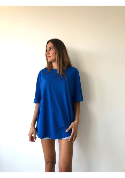 Unisex Saks Mavisi Pamuklu Oversize T-shirt - Bisiklet Yaka Saks Mavi