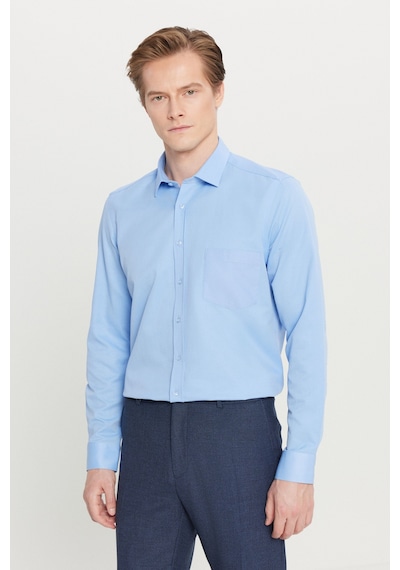 AC&Co / Altınyıldız Classics Erkek Acık Mavı Pamuklu Tailored Slim Fit Dar Kesim Klasik Yaka Armürlü Cepli Gömlek Acık Mavı