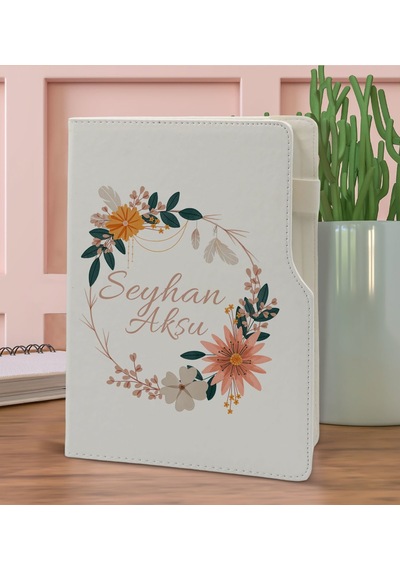 Bk Gift Kişiye Özel Çiçek Tasarımlı Beyaz Termo Deri Not Defteri 15x21cm-20