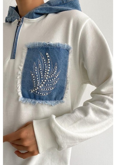 Femelle Kadın Yeni Sezon Inci Zımbalı Kot Detaylı Kapüşonlu Oversize Sweatshirt Ekru