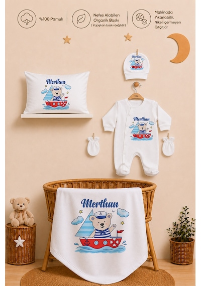 Pia Baby Erkek Bebek Hastane Çıkışı Seti 11 Parça %100 Pamuk Kişiye Özel İsim Baskılı 108711yx Ekru