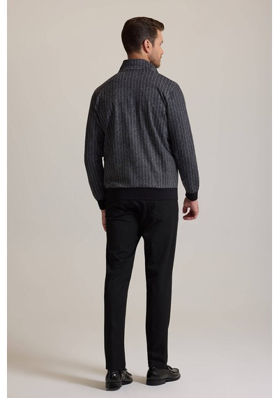 Ysf Erkek Gri Çizgili Fermuarlı Çizgi Desenli Sweatshirt