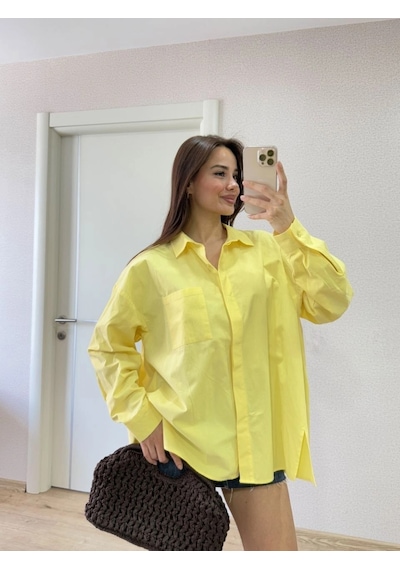 Kadın Oversize Pens Detaylı Cepli Yırtmaçlı Rahat Kalıp Poplin Gömlek - Sarı Çok Renkli Kadın Oversize Pens Detaylı Cepli Yırtmaçlı Rahat Kalıp Poplin Gömlek - Sarı Çok Renkli