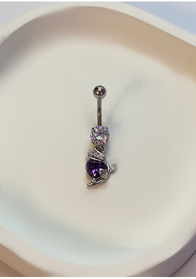 Mor Kalp Taş Detay Çiçek Model Çelik Piercing Gümüş