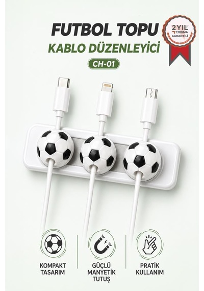 Futbol Topu Figürlü Manyetik Kablo Düzenleyici Ch01 Beyaz