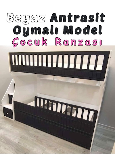 Beyaz Antrasit Oymalı Model Çocuk Ranzası