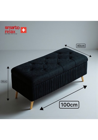 Smarto Relax Swiss Style Puf , Appenzell Kapitone Sandıklı Puf, Babyface Kaplama, 100x40x45 Cm, Ahşap Ayaklı ,sandıklı Dekoratif Puf Siyah