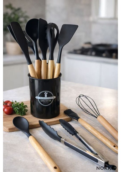 11 Parça Bambu Saplı Silikon Mutfak Seti Kaşıklıklı Isıya Dayanıklı Spatula Kepçe Çırpıcı Maşa Seti Siyah