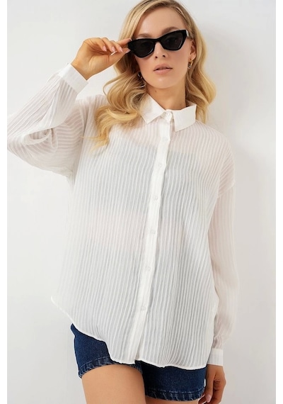 Defymoda Uzun Oversize Gömlek 20320 - Beyaz Beyaz