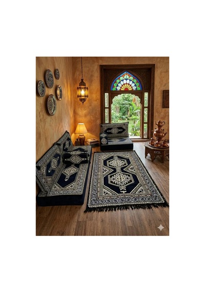 20 Cm Kalınlıklı Şark Köşesi Takımı - 70x190 + 70x95 Lacivert Yahyalı Desenli Minder Seti