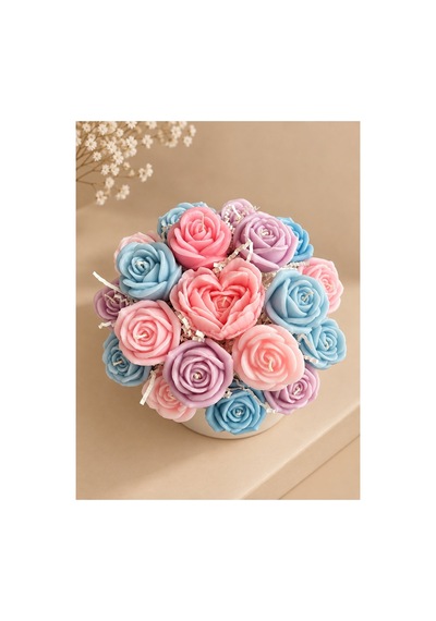 Solmaz Pastel Tonlar Çiçek Şakayık Gül Kutulu Çiçek Mum Aranjmanı Buketi Ofis İş Sevgili Özel Nişan Anneler Günü Hediyelik Doğum Günü Kokulu Mum Sıradışı Farklı Hediyelik Renkli
