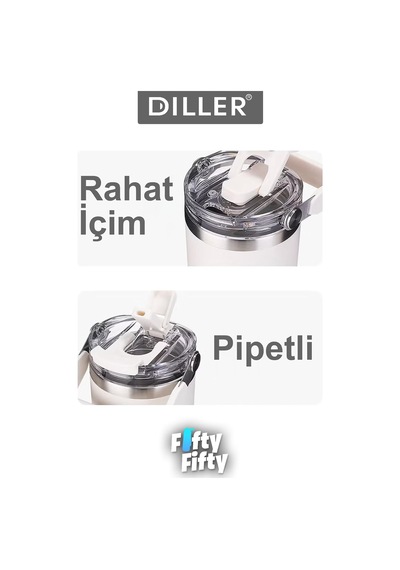 Dıller 620 Ml Tek Kapak Çift Kullanım Pipetli/pipetsiz Taşıma Kulplu Mug/çelik Termos-ffdıllerd Pudra