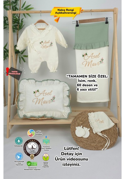 Gros Shop Müslin Yeni Doğan 4katlı Organik %100pamuk Kişiye Özgü Nakışlı Hastane Çıkış Seti Güllü Model-5 Ekru-1