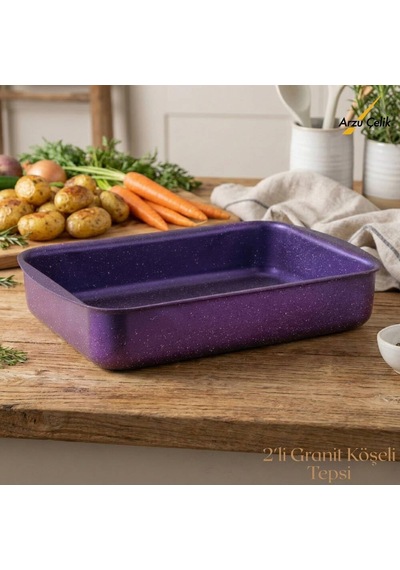 2li Granit Köşeli Tepsi Seti - Violet Çok Renkli