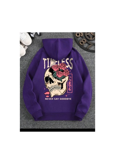 Medinenur Timeless Kuru Kafa Baskılı Kapüşonlu Cepli Sweatshirt Mor
