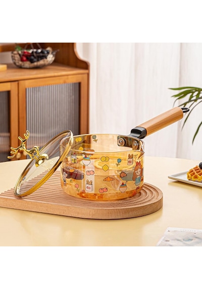 Qerhome Borosilikat Cam Amber Geyik Kapaklı Sos Tenceresi - Yumurta Tenceresi 1500 Ml Amber