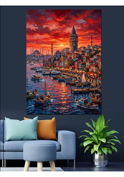 Kırmızı Gökyüzü Ve Galata Kulesi İstanbul Dekoratif Kanvas - Mdf Ahşap Tablo Çok Renkli