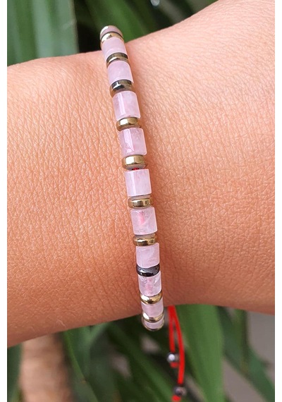 Pembe Kuvars Ve Hematit Taşlı El İşi Tasarım Doğal Taş Bileklik Gümüş 51344436