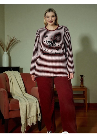 Çizgili Penye Pijama Takımı Bordo Çizgili M Bordo - Beyaz