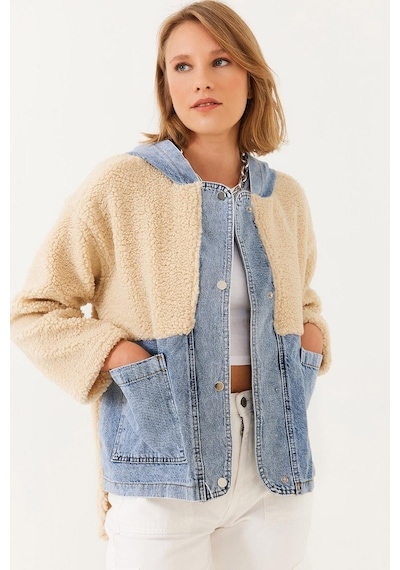 Shade Kadın Kapüşonlu Denim Detaylı Peluş Ceket 60251807 - Bej