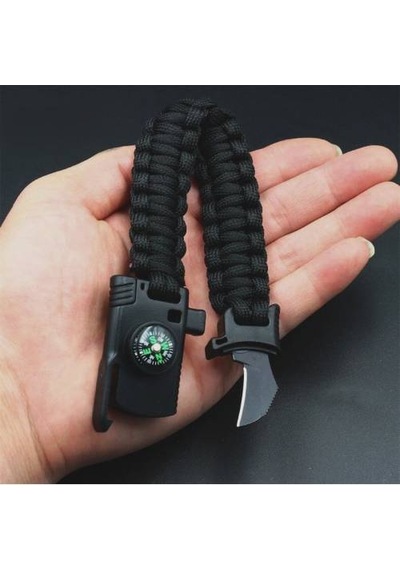 Paracord Survival Bileklik Bıçak Pusula Ateş Başlatıcı Magnezyum Siyah