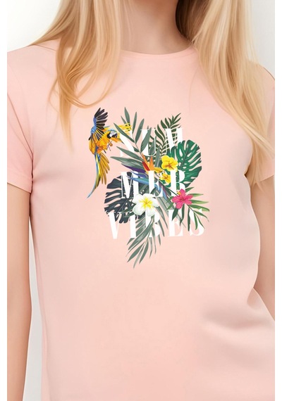 Fyk Kids Kız Çocuk Basic Summer Papağan Baskılı T-shirt Somon