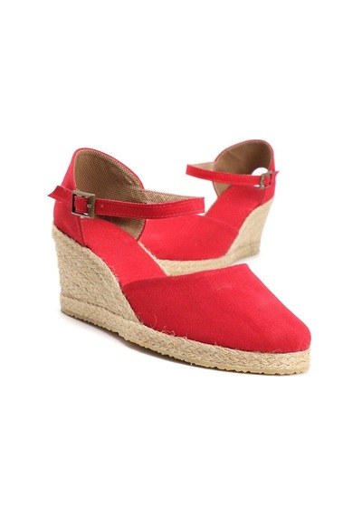 Gerçek Elişi Bilekten Bantlı Topuğu Açık Keten Espadril Dolgu Topuk Handmade Kırmızı