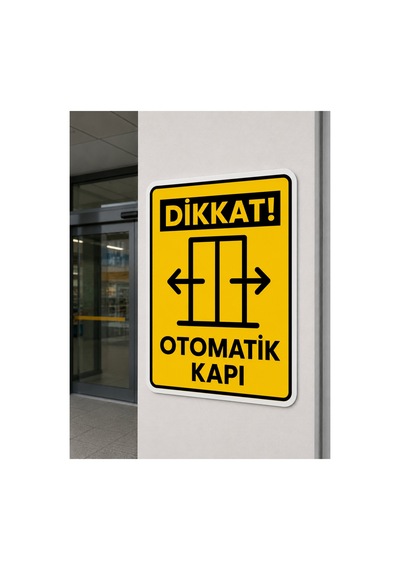 Dikkat Otomatik Kapı Uyarı Levhası 25x35 Cm İş Güvenliği Tabelası Dekota Pvc Uv Baskı