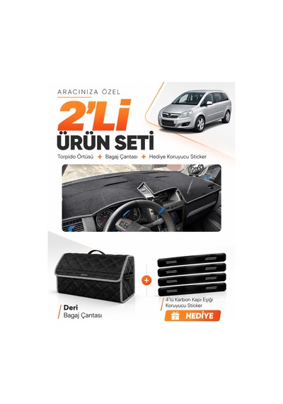 E-biz Opel Zafira B 2004-2011 Uyumlu Torpido Örtüsü + Deri Bagaj Çantası Seti - Siyah-gri - Op018