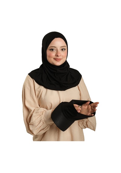 Hürrem Bone Siyah Pratik Hazır Geçmeli Şapkalı Tesettür Eşarp Viskon Düz 2513 01 siyah