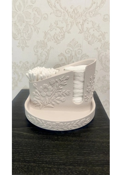 3d Baskı Çiçek Kabartmalı Makyaj Pamuğu Ve Kulak Çubuğu Tutucu Takı Tepsili Banyo Düzenleyici - Krem Beyaz
