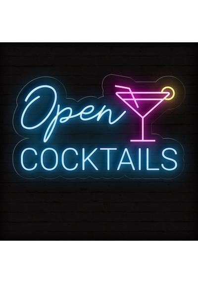 Open Cocktaıls Yazılı Ve Şekilli Neon Tabela Turkuaz