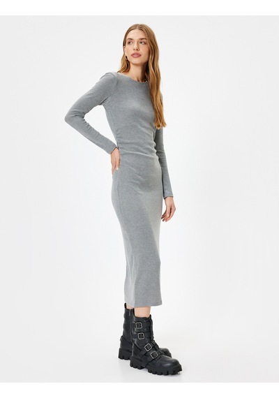 Koton Midi Boy Kalem Elbise Fitilli Uzun Kollu Bisiklet Yaka Slim Fit Gri 5wak80033ek