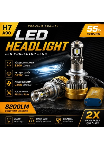 H7 A90 Led Xenon 55w 8200lm Optik Lensli 6500k Beyaz Işık Far Ampulü