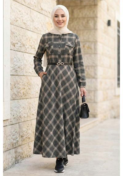 Hb Harma Time Butik Kadın Düğmeli Kemerli Haki Ekose Kumaş Elbise