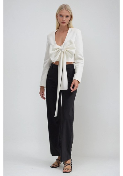 Büyük Fiyonk Detaylı Derin V Yaka Crop Blazer Ceket 6188 Beyaz