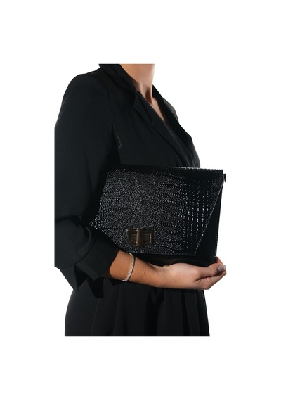 Maorı Siyah Baskı Rugan Kadın Clutch Çanta