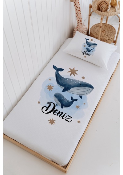İsme Özel %100 Pamuk Bebek Ve Çocuk Tek Kişilik 165 X 225 Cm Pike Takımı-balinalar Beyaz