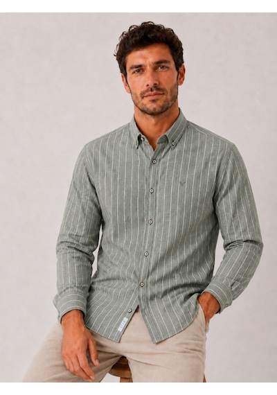 Slim Fit Uzun Kol Çizgili Cepsiz Keten Likra Hediye Kutulu Erkek Gömlek Fs-004579 - Yeşil-3325